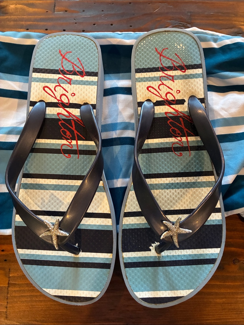 Brighton Teal, Navy & Cream Striped Starfish Flip Flop Sandals